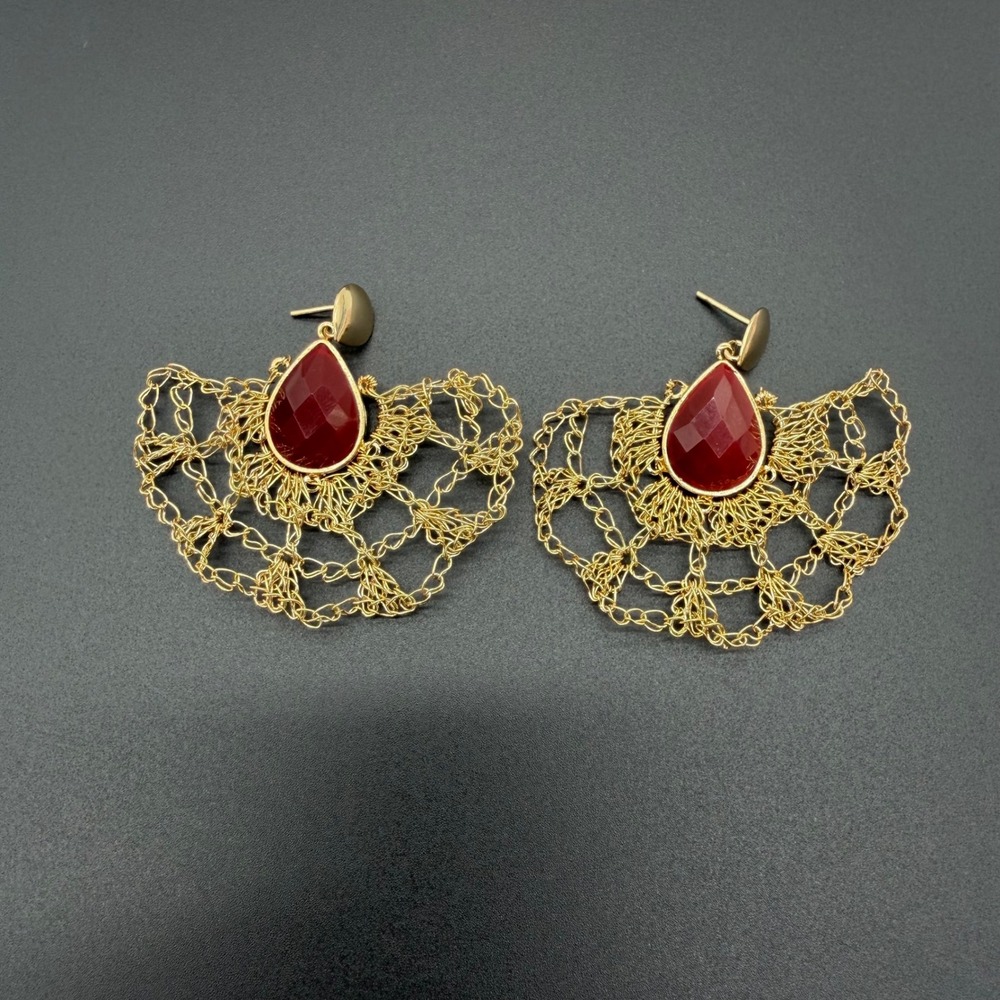 Vintage Gold Tone Red Teardrop Stone Fan Wire Crochet Mesh Statement Earrings